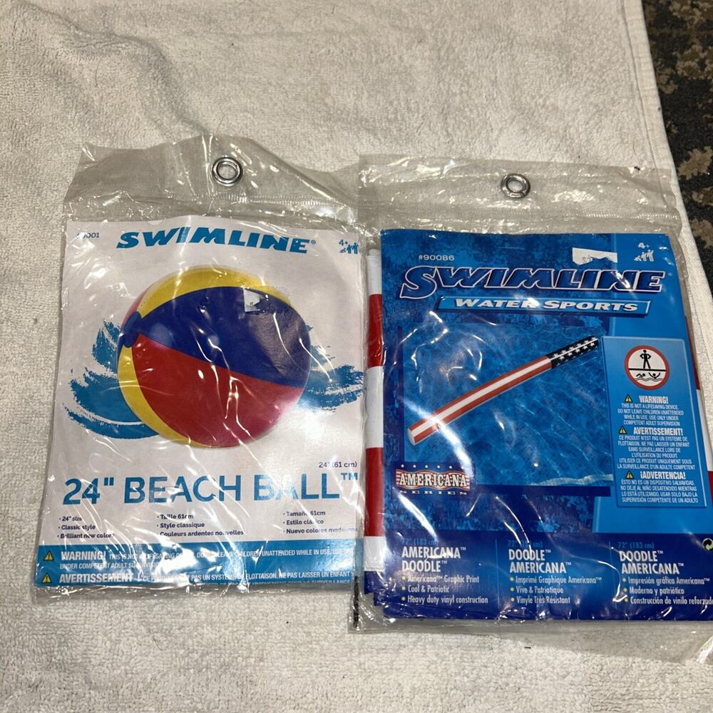 Americana Doodle Inflatable Pool PATRIOTIC FLOAT Noodles & 24” Beach Ball New